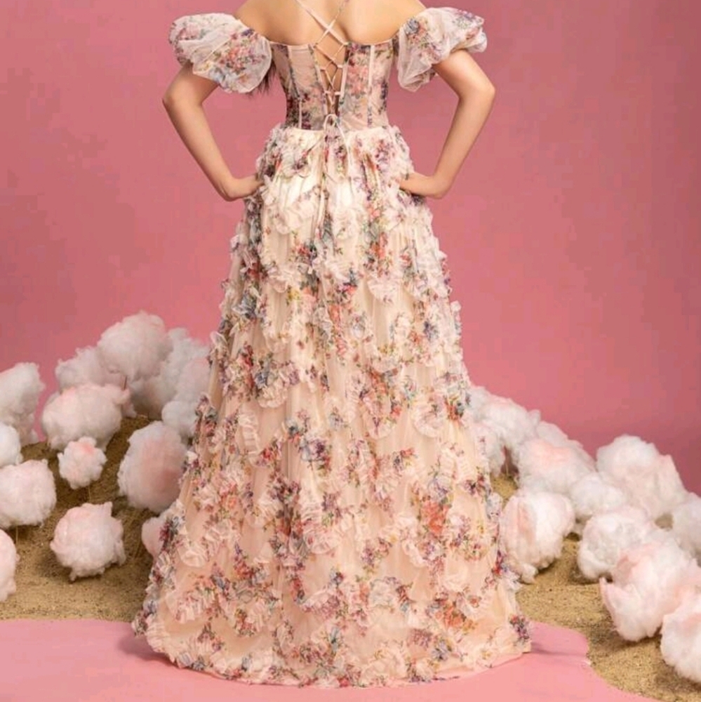 Teen Girls Off-Shoulder Puff Sleeve Floral Mesh Overlay Dress - Picture 2 of 7